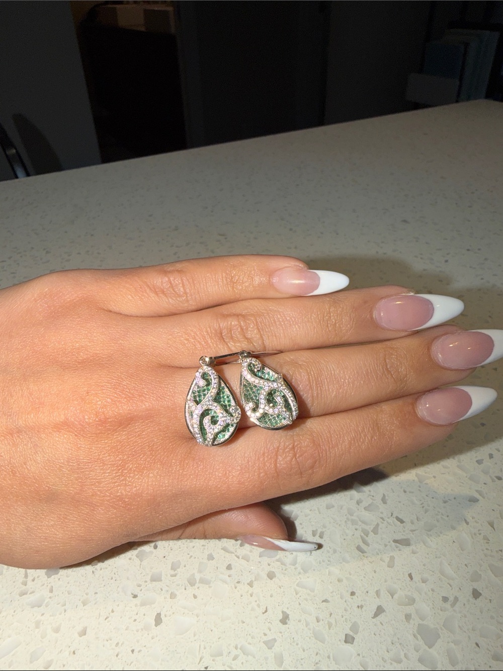 Elegant Green and Silver Teardrop Earrings